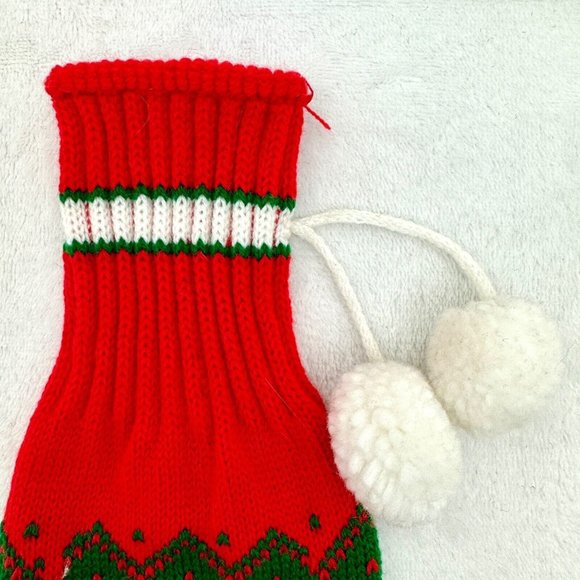Holiday Wine Bottle Cover Knitted Cheer 14" High Red Green White with Tassels - Picture 3 of 5